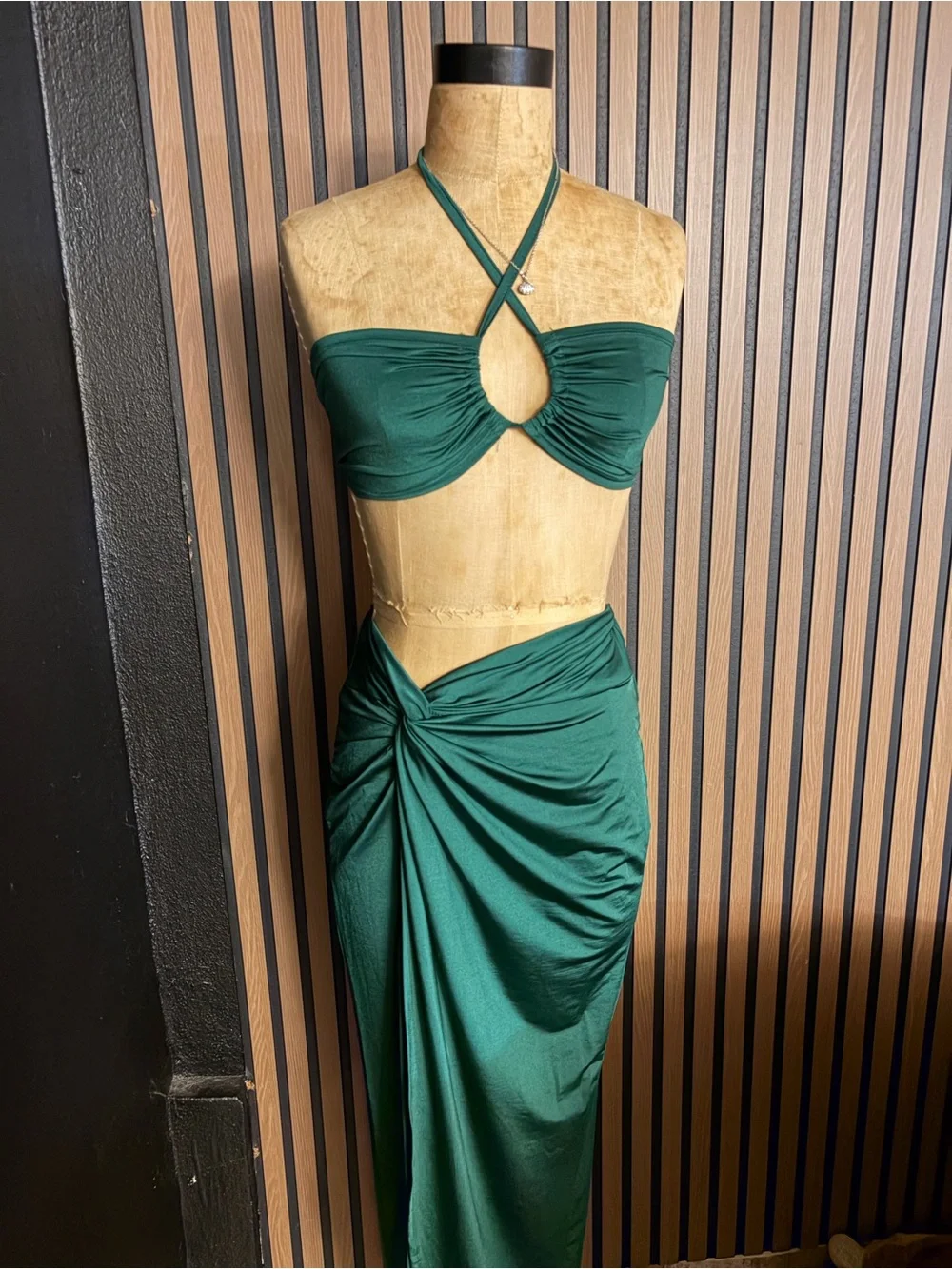 Emerald Green Two-Piece Ruched Crop Top & High-Slit Skirt